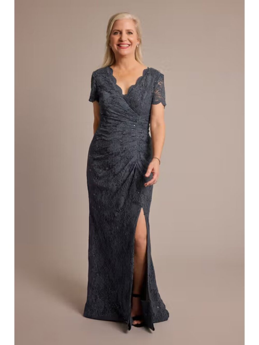 Sequin Graphite Lace Sheath Dress w/ Scalloped Neckline